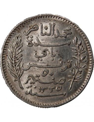 TUNISIE, MUHAMMAD AL-NASIR - 50 CENTIMES ARGENT 1916 A PARIS