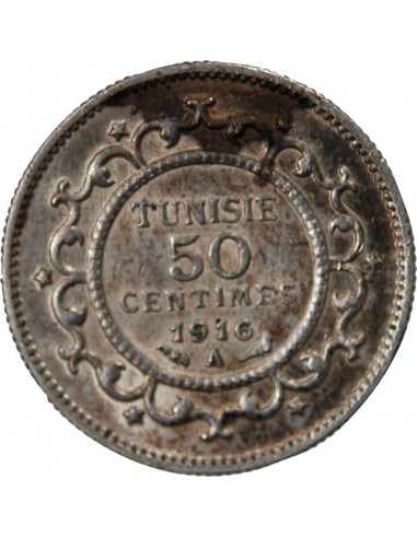 TUNISIE, MUHAMMAD AL-NASIR - 50 CENTIMES ARGENT 1916 A PARIS