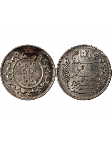 TUNISIE, MUHAMMAD AL-NASIR - 50 CENTIMES ARGENT 1916 A PARIS
