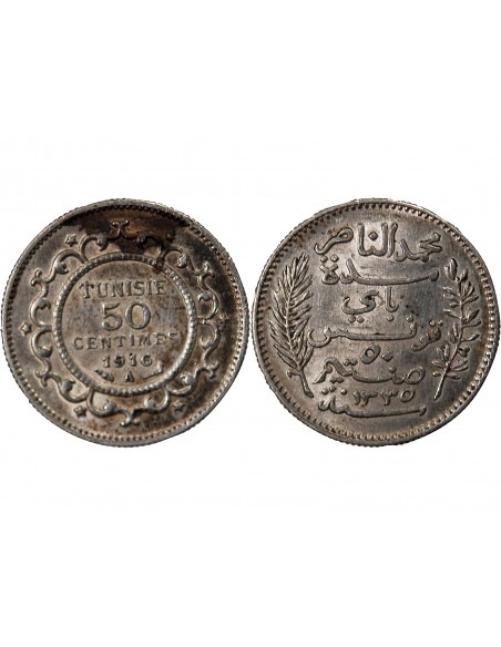TUNISIE, MUHAMMAD AL-NASIR - 50 CENTIMES ARGENT 1916 A PARIS