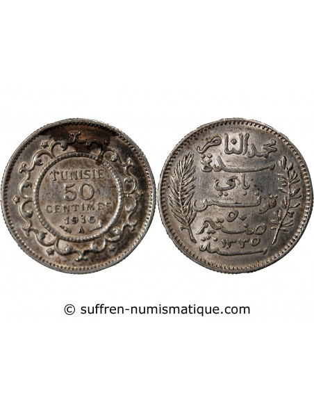 TUNISIE, MUHAMMAD AL-NASIR - 50 CENTIMES ARGENT 1916 A PARIS