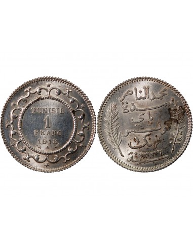 TUNISIE, MUHAMMAD AL-NASIR - 1 FRANC ARGENT 1918 A PARIS