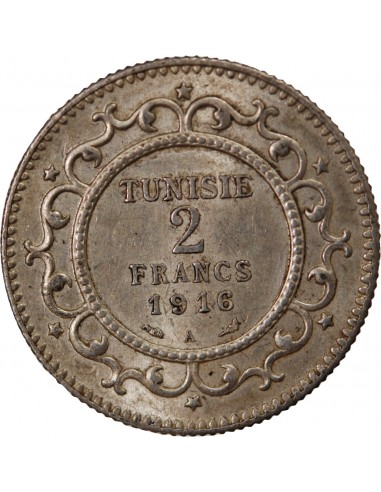 TUNISIE, MUHAMMAD AL-NASIR - 2 FRANCS ARGENT 1916 A PARIS