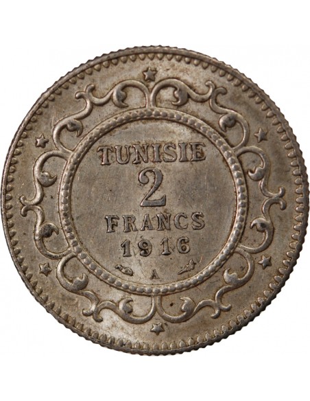 TUNISIE, MUHAMMAD AL-NASIR - 2 FRANCS ARGENT 1916 A PARIS