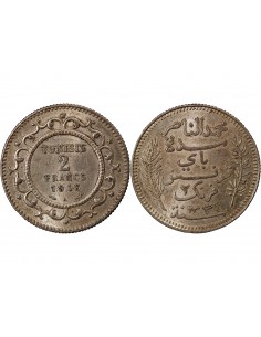 TUNISIE, MUHAMMAD AL-NASIR - 2 FRANCS ARGENT 1916 A PARIS 2