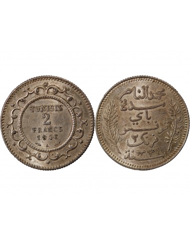 TUNISIE, MUHAMMAD AL-NASIR - 2 FRANCS ARGENT 1916 A PARIS