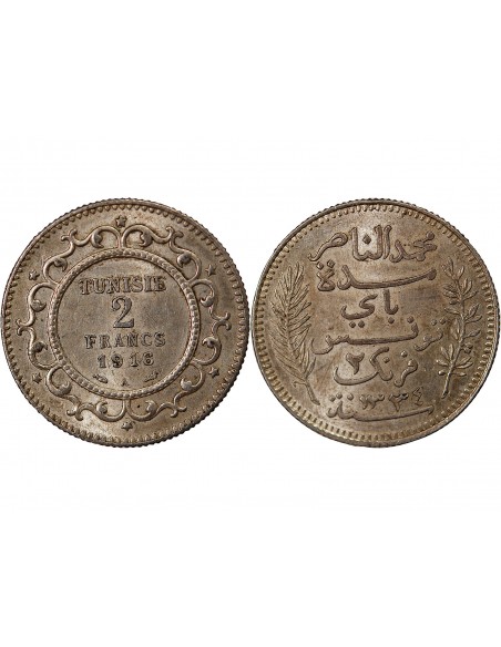 TUNISIE, MUHAMMAD AL-NASIR - 2 FRANCS ARGENT 1916 A PARIS