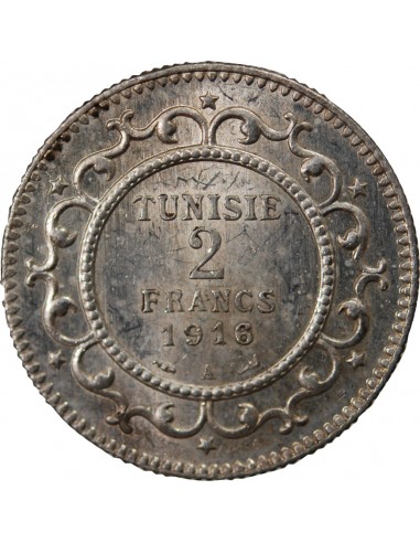 TUNISIE, MUHAMMAD AL-NASIR - 2 FRANCS ARGENT 1916 A PARIS