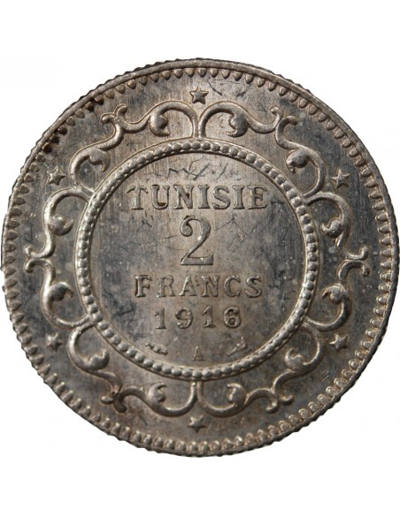 TUNISIE, MUHAMMAD AL-NASIR - 2 FRANCS ARGENT 1916 A PARIS