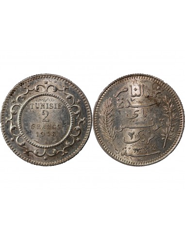 TUNISIE, MUHAMMAD AL-NASIR - 2 FRANCS ARGENT 1916 A PARIS
