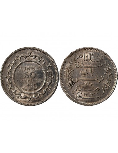 TUNISIE, MUHAMMAD AL-NASIR - 50 CENTIMES ARGENT 1912 A PARIS