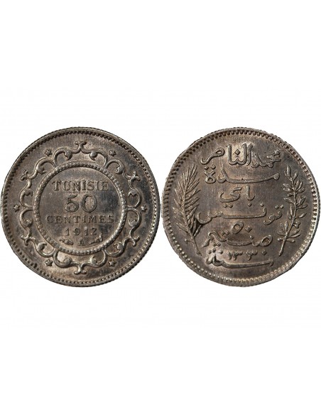 TUNISIE, MUHAMMAD AL-NASIR - 50 CENTIMES ARGENT 1912 A PARIS