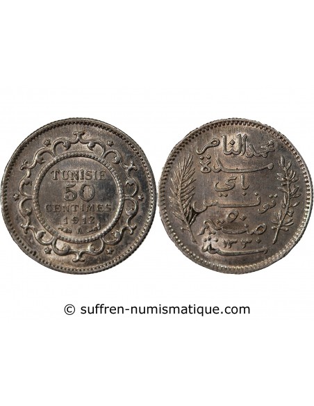 TUNISIE, MUHAMMAD AL-NASIR - 50 CENTIMES ARGENT 1912 A PARIS