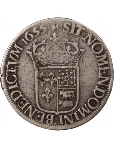 LOUIS XIV - ECU DE BÉARN ARGENT A LA MECHE LONGUE 1655 R PAU