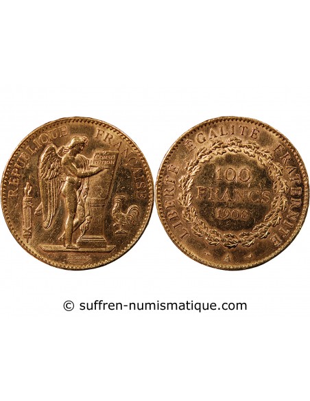 GENIE - 100 FRANCS OR 1908 A PARIS "Liberté Egalité Fraternité"